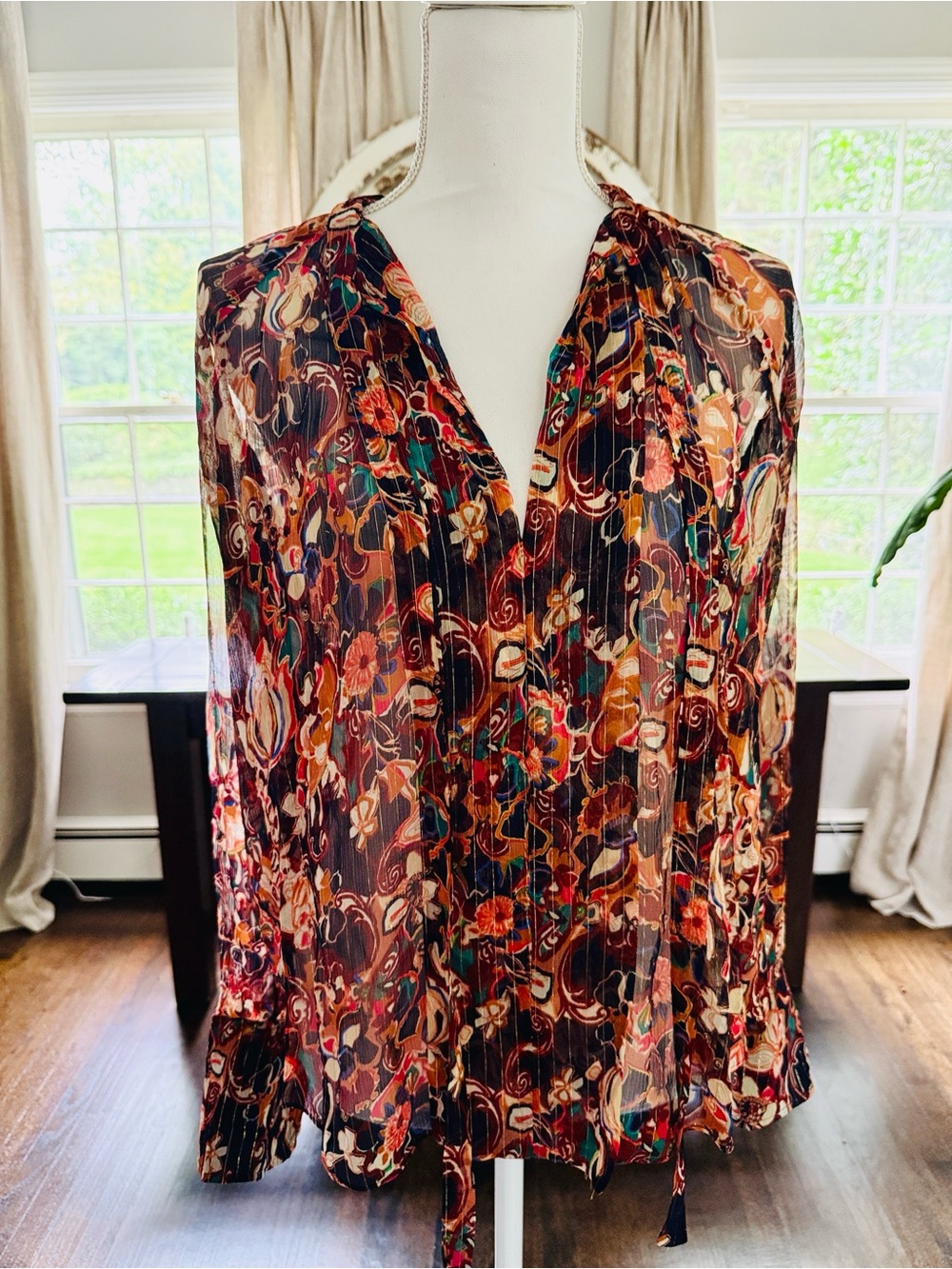 A.L.C. Sheer Silk Floral Tie-Neck Blouse - Brown Multi size 2